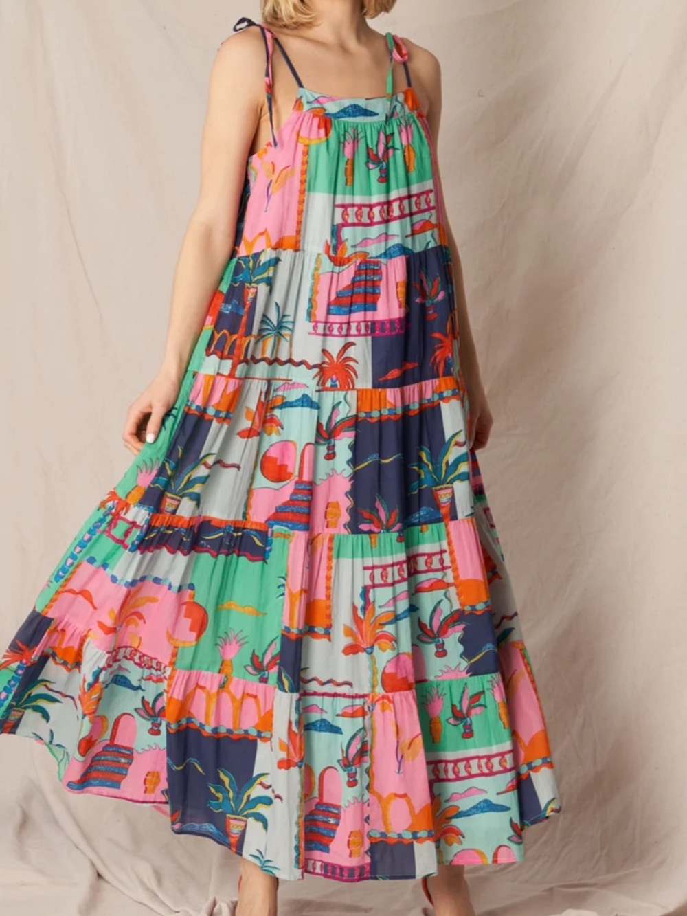 En Creme Multi-Color Tiered Maxi Dress with Tie Straps